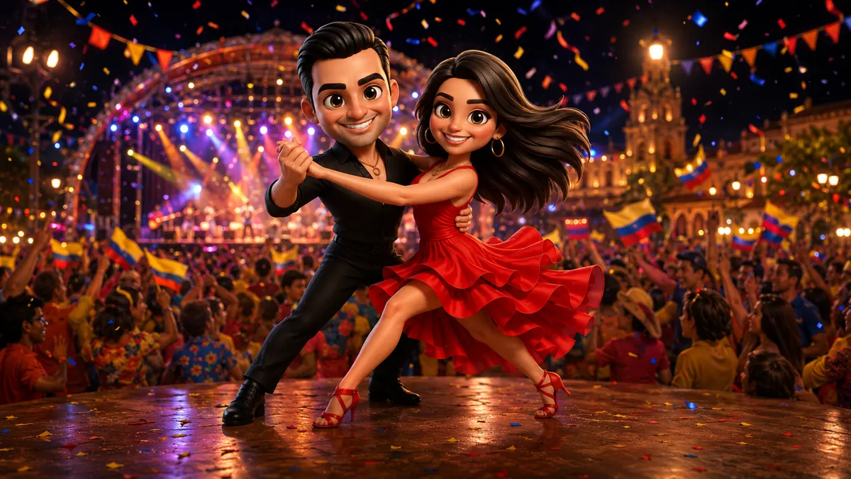 Pareja bailando salsa sobre un escenario frente al público