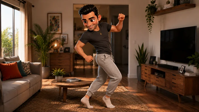 Hombre practicando salsa solo en la sala de su casa